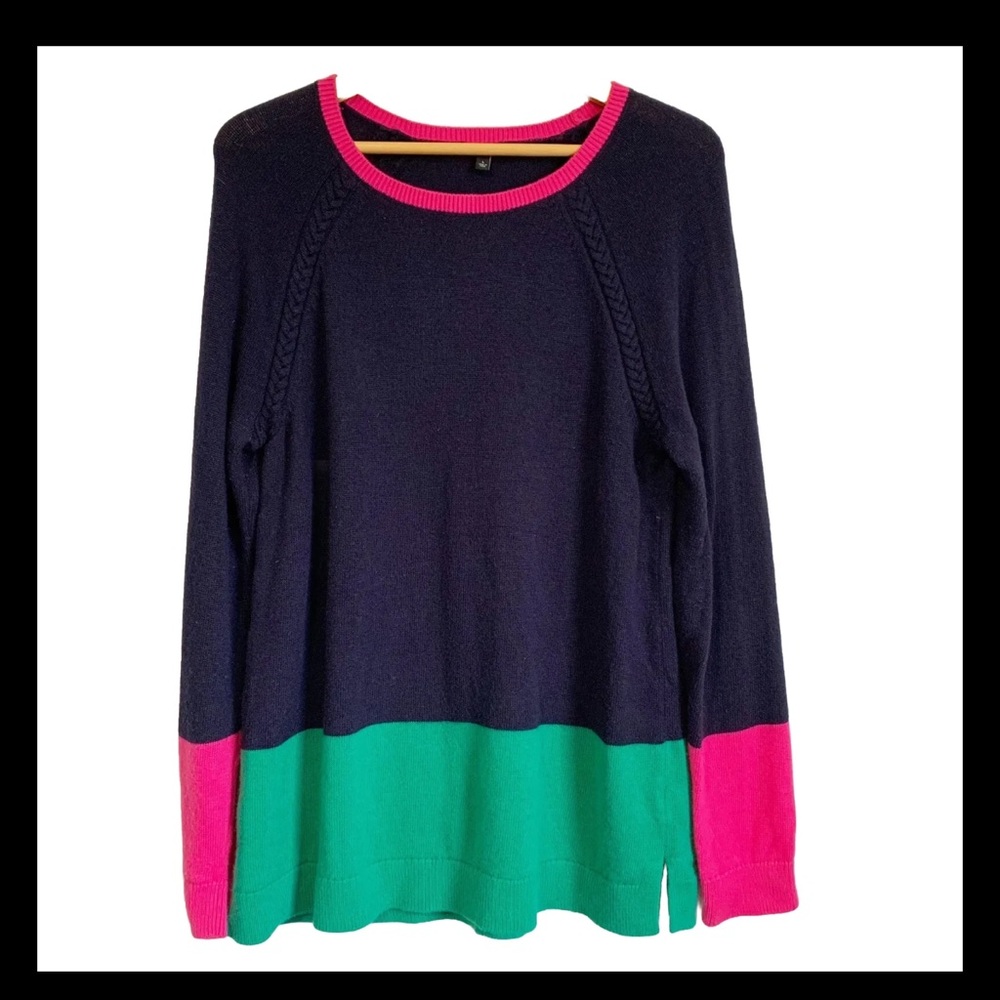 Talbots Navy Pink Green Colorblock Raglan Sweater Women’s Large Quiet Luxury